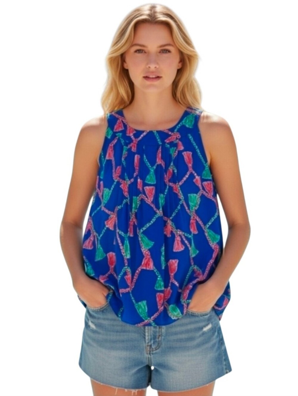 Lilly Pulitzer Coastal 100% Silk Tassel Print Blue Pink Sleeveless Top Sz L